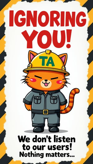 The cartoon-style safety warning poster features an orange-furred cat as the central character, wearing a yellow helmet. In the center of the helmet, the word "TA" is written in bold, eye-catching green letters. The cat has closed eyes and a neutral expression, but the left corner of its mouth is turned up and it is sticking out its tongue, giving the impression of a mocking gaze. It wears a grey uniform with a zipper down the front, two black-outlined chest pockets, a black belt with a silver buckle, and black shoes. The cat's inner ears and nose are pink. The character stands in the center of a plain white background. At the top of the image, in large red letters, it says "IGNORING YOU!", and below the cat, in bold black text, it says "We don't listen to our users!" The text is written in a simple sans-serif font and is horizontally centered. On either side of the cat, there are black and yellow diagonal warning stripes that frame the composition. The image is gamma balanced, high contrast and vibrant saturation, making all elements stand out clearly. In the bottom left corner, there is a white vertical text overlay that reads, "Nothing matters..." The overall mood of the poster is playful yet serious, emphasizing safety with a cartoonish yet informative design.