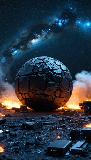 (A scene depicting Stonehenge composed of smooth black stones, with a central black orb cradling the Milky Way, set against the backdrop of a hostile alien planet. The night sky is adorned with the Orion nebula, rendered in a realistic, cinematic style reminiscent of a high-resolution Steven Spielberg epic. The sharp focus captures emitting diodes, swirling smoke, blazing artillery, and sparks. Technology merges with art as racks, system units, and motherboards integrate into the scene, inspired by the hyperrealistic works of Pascal Blanche and Rutkowski Repin from ArtStation, evoking the mysterious ambiance of a 'Blade Runner' universe), Detailed texture, High quality, High resolution, High precision, Realism, Color correction, Proper lighting settings, Harmonious composition, Behance Works