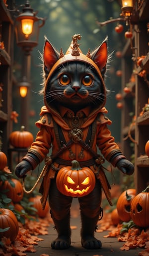 Highly deformed, bobblehead-esque diorama. A stunning photograph that embodies the baroque-punk art style, featuring a very large, wide-eyed cat dressed in a costume with a Halloween pumpkin as the main theme. The darkness around the cat is illuminated by meticulous lighting from a softbox, capturing the intricate details in sharp detail. Reflecting the great catalog designs of famous artists, this piece is a hit on Artstation and would be perfect for the cover of the high-end fashion magazine "Halloween_Figure".VNS_Add more details