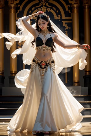 (Woman dancing in a vermilion and black belly dance dress, sparkling veil covering her hair, beautiful face turned towards you, supple pose, Hasselblad photography, alabaster skin, cinematic lighting, soft lighting , dynamic angles, theater background, Yewon in costume belly dance dress, belly_dancer), detailed textures, high quality, high resolution, high precision, realism, color correction, proper lighting settings, harmonious composition, Behance works,belly_dancer