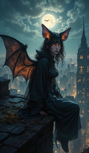 🦇 Mysterious digital art of a beautiful girl seamlessly blending with a bat. With artistically beautiful bat wings on her back, she sits on the rooftop of a building in the night skyline, silently gazing at the viewer. Her lonely expression and mysteriously glowing golden eyes. The mysterious scene that seems to disappear into the night skyline has the charm of drawing the viewer into a mysterious and unsettling world. A slightly eerie, Halloween-themed background, with atmospheric moonlight lighting.VNS_Add more details,cute