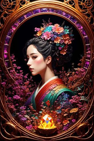 (Esoteric profile of Hokusai and Anne Bachelier, fantasy beauty, biochemiluminescence, art nouveau, bright colors, kaleidoscope and prism effects, optical illusion 3D art), detailed textures, high quality, high resolution, high precision, realism , color correction, proper lighting settings, harmonious composition, Behance works,Young beauty spirit ,gem00d
