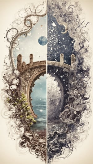 The artwork presents a dichotomy of good and evil through a sketch that is bifurcated into two distinct sections. An abstract representation of an old stone bridge serves as the focal point, symbolizing contemplation and the philosophical musings of lo-fi aesthetics. The design is characterized by muted colors and a softness that belies the extraordinary attention to detail. With a sharp focus reminiscent of studio photography, the intricate details are highly detailed, reflecting the trending styles found on art platforms like ArtStation, visionary art style