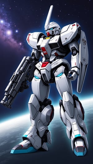 Highly detailed photo of a futuristic robot. It resembles a mobile suit-like humanoid mecha, standing out against the backdrop of a planet in a nebula galaxy. The robot is primarily white with black joints and glowing red accents around the joints throughout its body. The design features sharp lines and angular shapes, emphasizing a rigid structure with visible panel lines and mechanical details. The robot's head is tilted slightly forward, most notably a single long, white, horn-like antenna that extends upwards from the center of the head's forehead. The dark blue eyes are closed and have a concentrated expression. The arms are dynamically positioned. The right arm holds a dark gray sniper rifle-like weapon of intricate design with multiple parts, intricate details, and a long barrel that extends outwards. The left arm is at waist height and holds a large rectangular shield with subtle red patterns and geometric cutouts that match the robot's color scheme. The legs are sturdy and powerful, with thick soles and deep grooves, terminating in blue toe pads. The chest is inscribed with various technological marks and symbols, emphasizing the futuristic aesthetic. The entire robot is constructed from interlocking parts, creating a realistic and functional look. The lighting is even and bright, enhancing texture, color and detail without casting harsh shadows, ensuring every aspect of the robot is clearly visible. The entire composition is entirely focused on the robot, showcasing its advanced technology and combat readiness with a high-sensitivity shooting style.