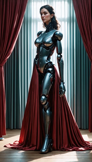 (Imagine an artwork crafted by a descendant of Leonardo Da Vinci and Alphonse Mucha, portraying a stunning woman with a robotic form. This piece would be rich in detail, a premium illustration that combines the grandeur of the past with the innovation of the future), Detailed Textures, high quality, high resolution, high Accuracy, realism, color correction, Proper lighting settings, harmonious composition, Behance works