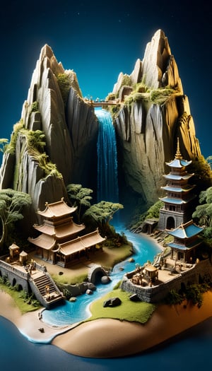 (Miniature world, Peruvian landscape, water presence, celestial ruins, sandbox, diorama, highly detailed, perfect composition, 32k, mysterious), Detailed Textures, high quality, high resolution, high Accuracy, realism, color correction, Proper lighting settings, harmonious composition, Behance works