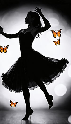 (A dancer's silhouette captured mid-twirl, her skirt a fluid motion in monochrome shades, stands in stark contrast to the kaleidoscope of brightly colored butterflies. The figure, devoid of color, is alive with dynamic movement. The depth of field centers on her, with a bokeh effect making the butterflies seem to dance in the air. Caught mid-step, she moves with elegant arcs and swirls against a softly blurred background, all under the dramatic play of light and shadow known as chiaroscuro, creating a striking silhouette portrait), Detailed Textures, high quality, high resolution, high Accuracy, realism, color correction, Proper lighting settings, harmonious composition, Behance works,majien