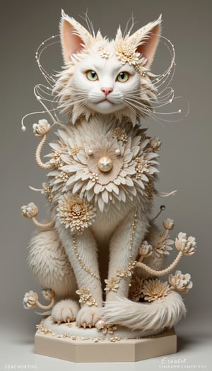 This digital art piece presents a full-body polymer clay sculpture of a cat, boasting an extraordinary level of detail. The cat features a fluffy fur texture and is adorned with glittering filigree elements that add a touch of fantasy. The artwork, influenced by the styles of Craola, Jasmine Becket-Griffith, and Cyril Rolando, is a concept model that stands out with its centered and perfect composition. The complex pose of the cat, combined with the intricate design details, creates a bright and dynamic visual experience. The sculpture is displayed on a hexagonal stand against a neutral board background, resembling a professional studio photograph, visionary art style