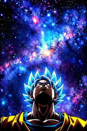 (Son Goku in his Super Saiyan Blue form looking up at the sky with a gentle expression, Nebula Galaxy background), Detailed Textures, high quality, high resolution, high Accuracy, realism, color correction, Proper lighting settings, harmonious composition, Behance works,1 girl,son goku