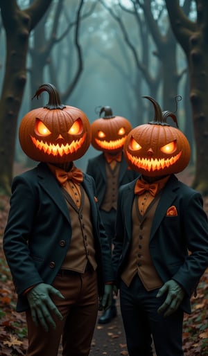 Creepy zombie-like characters standing side by side in a dark forest. All of the characters have pumpkin jack-o'-lanterns as heads, and wear suits and bow ties. The jack-o'-lanterns have sharp eyes, large triangular noses, and mouths with sharp, fearless smiles, and the eyes glow eerily with orange light. The characters' faces have blue-green zombie-like skin, and some of them have slightly bald hair, creating an eerie atmosphere. The background is a dark, foggy forest with dead trees standing around them. The characters wear old-fashioned, formal suits with orange accents. The overall color scheme is dark, and the style is a fusion of horror and comical atmospheres. The characters' eyes have a strong orange light, and are depicted as shining in the dark. The suits are black, navy, and sometimes cream, and have a formal design. Orange is used as an accent color in the bow ties and pocket squares. The pumpkin expressions are subtly different for each character, creating a unique design that is a mix of horror and humor.Halloween_Figure,VNS_Add more details