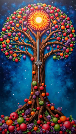 The Tree of Life, adorned with candy fruits and rendered in exquisite detail, stands as a mandala of the universe. Its colors spread vibrantly, capturing the essence of a masterpiece. This piece, a fusion of street art and graffiti, invites onlookers into a world where the cosmic and the urban intertwine.,Crystal Sword