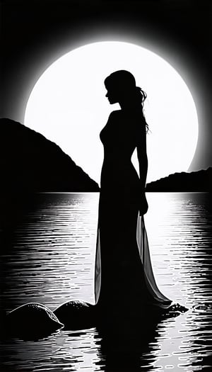 (Beautiful double exposure combining the silhouette of the maiden and the moonlit shore, the moonlit shore acts as a background and its details are incorporated into the maiden, crisp lines, the background is monochrome, sharp focus, double exposure, great full color), detailed textures, high quality, high resolution, high precision, realism, color correction, proper lighting settings, harmonious composition, Behance works