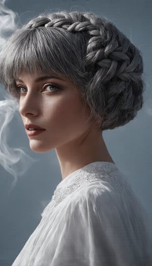 ((On a radiant, cloudless day, a woman with a stunningly beautiful face and short gray hair, intricately styled in braids, stands before us. Her attire, pristine white, contrasts elegantly against the vibrant backdrop. The image, a remarkable collaboration between Alex Ross and Albert Watson, is a captivating photograph that exudes an ethereal atmosphere. Every detail is impeccably captured, from the delicate wisps of smoke swirling around her, adding a sense of mystery, to the impeccable lighting that casts a celestial glow upon her exquisite features. This striking image epitomizes sheer perfection, showcasing the artistic mastery of both Ross and Watson), Detailed Textures, high quality, high resolution, high Accuracy, realism, color correction, Proper lighting settings, harmonious composition, Behance works,cocoart,ek_art_b00ster