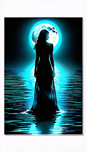 (Beautiful double exposure combining the silhouette of the maiden and the moonlit shore, the moonlit shore acts as a background and its details are incorporated into the maiden, crisp lines, the background is monochrome, sharp focus, double exposure, great full color), detailed textures, high quality, high resolution, high precision, realism, color correction, proper lighting settings, harmonious composition, Behance works