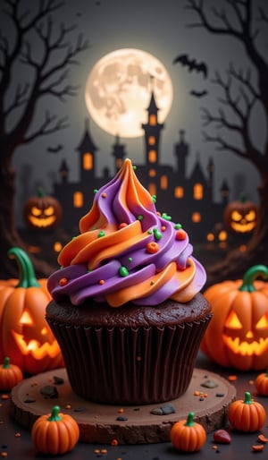 Dark chocolate-based cupcake placed in a dark Halloween atmosphere. Bright purple and orange cream is swirled on top of the cupcake, some of which are accented with green lines. Small orange pumpkin decorations are scattered around the cupcake. In the background, several jack-o'-lanterns are placed, with spider webs and Halloween decorations hanging behind them. A full moon is visible, and silhouettes of bats are flying. The overall color scheme is dark, and the moonlight is weak, making the cupcake and pumpkin stand out. The photo-like details emphasize the contrast of light and shadow.
The background is in dark gray and black tones, creating a spooky atmosphere befitting Halloween.
The cream on the cupcake is smooth, and the texture of the cream is well-depicted.
The face of the jack-o'-lantern is designed to be a little scary, but also cute.
The light source is conscious of the soft light from the full moon, and casts natural shadows on the objects.
Focus on the details, making the texture of the cupcake and the decorative accessories clearly visible.Halloween_Figure,VNS_Add more details