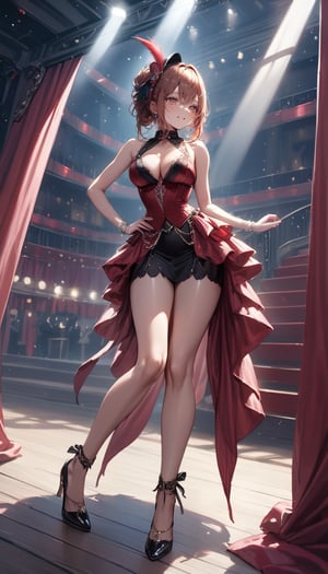 (Imagine a glamorous woman in a glamorous vintage Moulin Rouge outfit, complete with feathers and sequins. She is standing on a stage, with a gorgeous red velvet curtain behind her, lit by dramatic gold stage lights that cast striking shadows. The atmosphere is vibrant and lively, capturing the essence of the Moulin Rouge), Detailed Textures, high quality, high resolution, high Accuracy, realism, color correction, Proper lighting settings, harmonious composition, Behance works