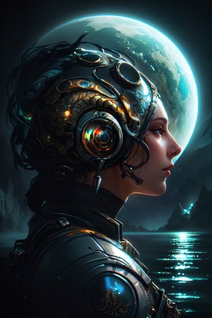 (Double exposure. profile portrait of a beautiful woman. a colorful alien planet with huge moons reflected in the water in the valley head and shoulders portrait, 8k resolution concept art portrait by Greg Rutkowski, Artgerm, WLOP, Alphonse Mucha dynamic lighting hyperdetailed intricately detailed Splash art trending on Artstation triadic colors Unreal Engine 5 volumetric lighting), detailed textures, high quality, high resolution, high Accuracy, realism, color correction, Proper lighting settings, harmonious composition, Behance works
