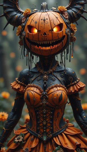 The artwork conjures a vision of a ghostly pumpkin bride, her visage marked by black tears and a tattered bridal gown. This scene is rendered with subtle illumination that enhances the horror, creating a dark and haunting atmosphere. The piece boasts a film grain texture, achieving a level of hyperrealism that is both ultra-detailed and luminous. Inspired by the styles of WLOP and Craola, it transports the viewer to a mystical wonderland filled with flowers, fantasy, and glitter. The complex background, dynamic lighting, and intricate pose contribute to a digital painting that is not only highly detailed and cute but also features delicate filigree work, showcasing the best quality of artistry.,VNS_Add more details,create figure 2,Flux