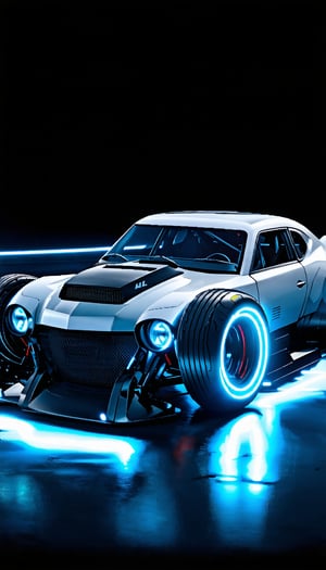 (a 3/4 front view of ((futuristic cyberpunk hotrod zeekars)) (with glowing tires), at the parking lot), Detailed Textures, high quality, high resolution, high Accuracy, realism, color correction, Proper lighting settings, harmonious composition, Behance works