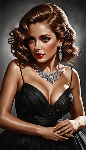 (A beguilingly elegant femme fatale, reminiscent of old Hollywood glamour, exudes the allure of "Casablanca" in every pose. Her cascading locks, styled in vintage waves, frame a face graced with smoky eyes and scarlet lips, embodying timeless beauty. The background, a smoky jazz club, sets the scene for intrigue and romance. This hyper-realistic painting captivates with its exquisite attention to detail, evoking the golden age of cinema with stunning clarity and depth), Detailed Textures, high quality, high resolution, high Accuracy, realism, color correction, Proper lighting settings, harmonious composition, Behance works,sheila