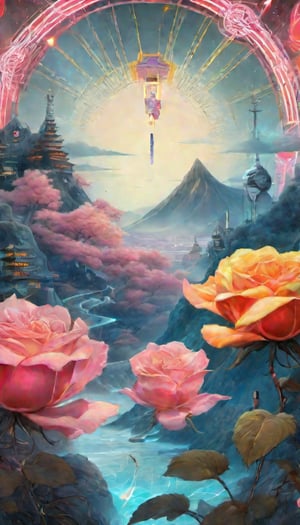 (Esoteric landscape of Hokusai and Anne Bachelier, Elpis, chemiluminescence, Art Nouveau, bright colors, kaleidoscope and prismatic effects, optical illusions 3D art), Detailed Textures, high quality, high resolution, high Accuracy, realism, color correction, Proper lighting settings, harmonious composition, Behance works, DonMR0s30rd3rXL ,Pedestrian Signals,rose,knight,cyborg