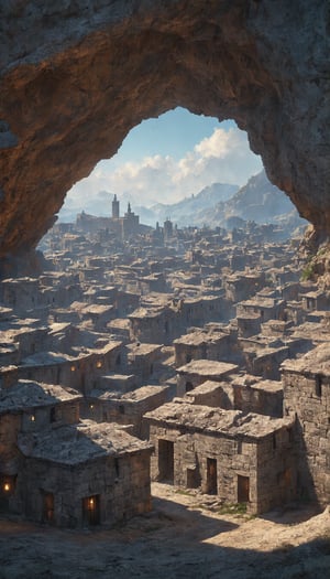 (Concept art depicting a city composed entirely of folded stone warehouse structures, meticulously sculpted from stone, with carvings on the cave-like walls, all details achieved with an astonishing level of stone craftsmanship, employing a triadic color scheme that showcases contrasting shades, a maximalist approach with a mandelbulb theme, textures that reveal depth and detail, color correction enhancing visual harmony, ambient lighting creating a balanced composition), Detailed texture, High quality, High resolution, High precision, Realism, Color correction, Proper lighting settings, Harmonious composition, Behance Works,FuturEvoLabStyle