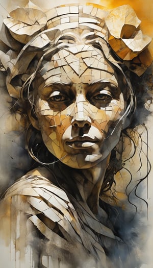 (A dynamic, ethereal portrait of a labyrinthine female creature, bathed in sunlight, with an architectural quality and heavily textured using thick, dry mediums, inspired by the works of Ursula von Rydingsvard, Marc Chagall, Dragan Bibin, Russ Mills, and Hedi Xandt.), detailed textures, High quality, high resolution, high precision, realism, color correction, proper lighting settings, harmonious composition, Behance works