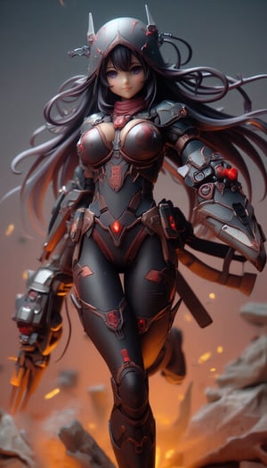 Ultra-detailed figure. The dynamic digital artwork depicts a female ninja character moving about in an action-packed scene, positioned slightly right of center. She wears a sleek black hooded outfit with red accents, a form-fitting design with strategic cutouts and metallic details. The outfit includes a skin-tight black bodysuit with narrow V-shaped cutouts that reveal some skin. Her forearms are adorned with red glowing accent lights and intricately designed metal armguards, and her mouth and nose are covered by a black mask, so only her piercing eyes are visible. A red "X" symbol is emblazoned in the center of her forehead, and a red scarf or bandana is wrapped around her head. Her long black hair is swept dramatically back, suggesting quick movement. The character's right arm is extended forward, and on her left hand she holds a metal gauntlet with a glowing red gem or power source, emphasizing the futuristic theme. The background is blurred, and the warm amber hues from the lighting and scattered glowing orange specks resembling embers and sparks add depth and power to the scene. The lighting is dramatic, with soft highlights creating a high-contrast effect that accentuates the texture and detail in her outfit. The overall atmosphere is intense and mysterious, further enhanced by the image's high contrast, medium saturation and balanced exposure. The color palette includes midnight blue, jet black, crimson red, steel gray and amber yellow, contributing to a dark fantasy theme with a strong sense of action and heroism.,create figure 2