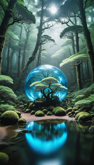 (🌲🌲Mystical, Yakushima, Japan, primeval Yaku cedar forest, 🌲Deep in the forest, mysterious small pond, blue-white glowing sphere of light floating in the air, 🤩🌲Ghibli style, masterpiece one-shot, 🤩amazingly beautiful photos 🤩), Detailed Textures, high quality, high resolution, high Accuracy, realism, color correction, Proper lighting settings, harmonious composition, Behance works