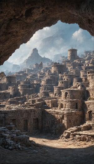 (Concept art depicting a city composed entirely of folded stone warehouse structures, meticulously sculpted from stone, with carvings on the cave-like walls, all details achieved with an astonishing level of stone craftsmanship, employing a triadic color scheme that showcases contrasting shades, a maximalist approach with a mandelbulb theme, textures that reveal depth and detail, color correction enhancing visual harmony, ambient lighting creating a balanced composition), Detailed texture, High quality, High resolution, High precision, Realism, Color correction, Proper lighting settings, Harmonious composition, Behance Works,FuturEvoLabStyle