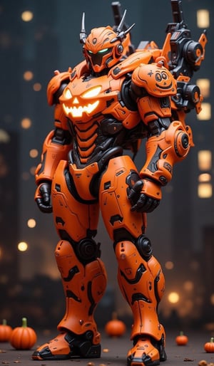 Mobile suit, Halloween pumpkin coloring, unique design like no other, 🎃, LED light outlines on each joint, background of futuristic city night view, Halloween_Figure