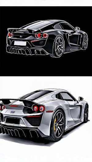 (This prompt asks you to draw three views of a supercar with a high-performance motor. In the front view, you can draw elements necessary for high-speed driving, such as large air intakes and low-profile tires. In the side view, you can draw a design that emphasizes aerodynamics and smooth body lines to express stability and beauty when driving at high speeds. In the rear view, you can draw a large rear spoiler, diffuser, and high-performance engine), Detailed Textures, high quality, high resolution, high Accuracy, realism, color correction, Proper lighting settings, harmonious composition, Behance works