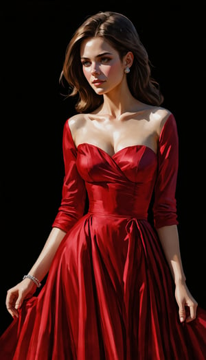 (A digital painting of a femme fatale in a red dress, captured in a close-up view that highlights the intricate details of her attire and the subtle interplay of light and shadow, creating a stunning visual masterpiece worthy of recognition and acclaim.), Detailed Textures, high quality, high resolution, high Accuracy, realism, color correction, Proper lighting settings, harmonious composition, Behance works