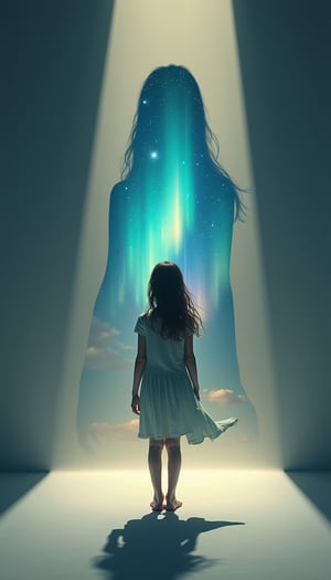 The light shines on the girl from the front, casting a long, large shadow from her feet to her back. Inside the outline of the shadow is a trapped starry sky and a colorful aurora, as if depicting a different dimension inside the shadow. The girl's shadow creates a fantastical illusion, and the light of the aurora reflects off the girl's hair and clothes, giving her a mysterious impression. The overall atmosphere is dreamy, with a clear boundary between shadow and reality, and the contrast with the bright background clearly expresses the boundary between fantasy and reality. The girl's expression is calm, and this fantastical world is like a dream in her mind.