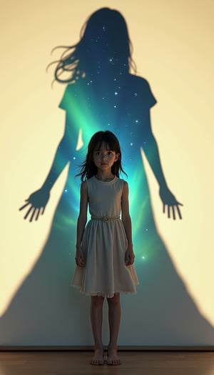 The light shines on the girl from the front, casting a long, large shadow from her feet to her back. Inside the outline of the shadow is a trapped starry sky and a colorful aurora, as if depicting a different dimension inside the shadow. The girl's shadow creates a fantastical illusion, and the light of the aurora reflects off the girl's hair and clothes, giving her a mysterious impression. The overall atmosphere is dreamy, with a clear boundary between shadow and reality, and the contrast with the bright background clearly expresses the boundary between fantasy and reality. The girl's expression is calm, and this fantastical world is like a dream in her mind.