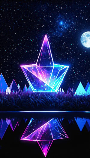 (A landscape resembling a jewel, featuring a large glass prism under the night sky with the moon's presence, where the prism shapes into numerous geometric polyforms representing the universe and galaxy, all rendered in brilliant HD 3D quality with hues of purple, pink, and blue), Detailed Textures, high quality, high resolution, high Accuracy, realism, color correction, Proper lighting settings, harmonious composition, Behance works,majien