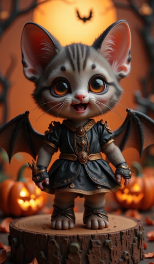 🦇A diorama where a bat and a kitten seamlessly blend into a bobblehead doll. Kawaii, a little creepy, big sparkly eyes, a Halloween-themed background set, and atmospheric studio lighting.Halloween_Figure,VNS_Add more details