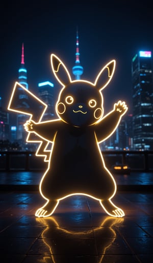 A full-body silhouette, outlined only, in the neon shape of Pikachu's silhouette, colorless body, with only the outline in neon tube light illumination, shining brightly with a neon intensity of 1.4, set against a dancing pose and a Night view of the city background.,hologram