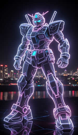 A full-body silhouette, outlined only, in the neon shape of GUNDAM's silhouette, colorless body, with only the outline in neon tube light illumination, shining brightly with a neon intensity of 1.4, set against a dancing pose and a Night view of the city background.,hologram