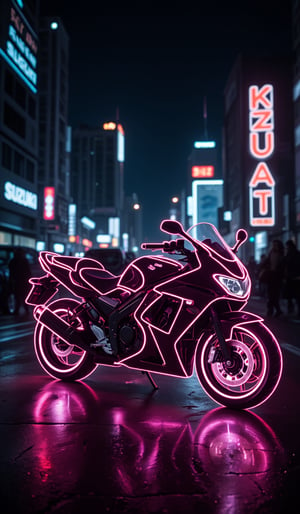 The silhouette of the Suzuki KATANA motorcycle is rendered in neon, with only the outline of the silhouette expressed. The colorless body is illuminated with neon tube lights, shining brightly with a neon intensity of 1.4, with the city night view as the background.