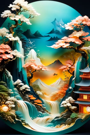 (Esoteric landscape of Hokusai and Anne Bachelier, Elpis, chemiluminescence, Art Nouveau, bright colors, kaleidoscope and prismatic effects, optical illusions 3D art), Detailed Textures, high quality, high resolution, high Accuracy, realism, color correction, Proper lighting settings, harmonious composition, Behance works,diorama