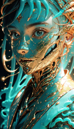 (Soft molten porcelain spongy skin, beautiful alien dragons, bio-mechanical cyborgs, professional CGI intricacy rendered with an analog 150mm lens, lithographs, beautiful natural soft rim lighting, neon, dark blue and gold duo-tone iron lithography, presented in the Wasserlery style.), Detailed Textures, high quality, high resolution, high Accuracy, realism, color correction, Proper lighting settings, harmonious composition, Behance works,1 girl,Detailedface