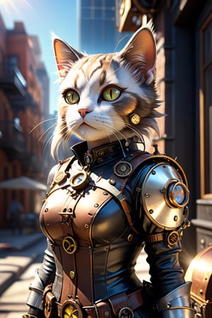 (City Cat Girl, Sunlight, Outdoors, Buildings, Ray Tracing, Reflected Light, Full Color, Intricate Detail, Super Detail, High Level of Detail, Top Quality, Abstract, Complex Complexity, Photorealistic, Steampunk Style), Detailed Textures, high quality, high resolution, high Accuracy, realism, color correction, Proper lighting settings, harmonious composition, Behance works