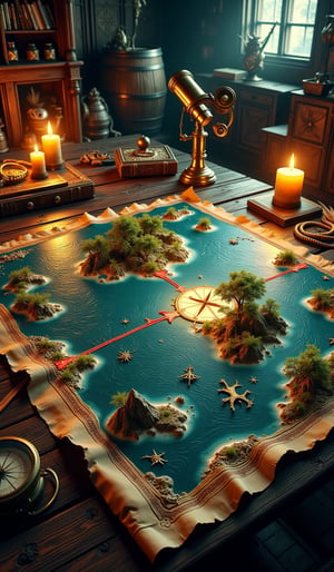 Detailed 3D representation of an ancient pirate map from the Age of Exploration. The map is spread out on a wooden table with nautical tools like a brass compass, old-fashioned telescope, and a quill. The ocean areas are slightly raised, showing waves and currents with stunning details, while islands are carved out with lush greenery and mountains. Treasure routes are marked with vivid red lines, leading to a prominent "X" marked in gold, glittering under the warm glow of candlelight. The map is surrounded by old parchment edges, weathered and tattered, with a slight sepia tone. The background is a dimly lit pirate's cabin, filled with barrels, ropes, and other maritime artifacts,pirateskullXthejaa