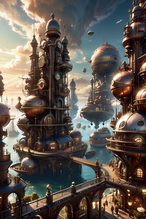  Epic steam punk city looking like maze ot many bridges, sea-side, organic shapes of buildings, squesr and parks, boads and airships in the sky, bird perspecive, The scene is depicted in a steam-punk setting, in an epic digital painting. In the background, a steam-punk city-seaside port. Rich colors brown and gray colors, beautiful gradients and intricate details, glowing shadows, beautiful gradient, depth of field, clear image, high quality, high detail, high resolution, Luminous Studio graphics engine,Renaissance Sci-Fi Fantasy,High Renaissance,Sci-Fi,g1h3r