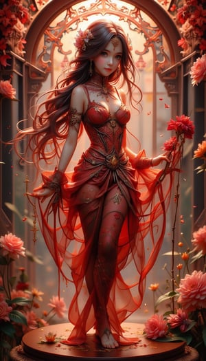 Beautiful figure diorama capturing a dramatic scene. Red painting of a woman with long hair, inspired by Hiromu Arakawa's style, embodies conceptual art. Gypsophila and other flowers intricately emerge from her body, creating a full-body, elongated figure that intertwines with spores. She is tall and thin, reminiscent of a cachalot, adorned with patchwork and stained glass patterns, sprinkled with gold dust. This digital illustration, akin to a detailed picture book, is cinematic and ultra-high definition, showcasing fine and beautiful details. It exudes a mysterious and luminous quality, with bright colors and an intricate background, enhancing its mystical allure,VNS_Add more details,cool_Anime,create figure 2