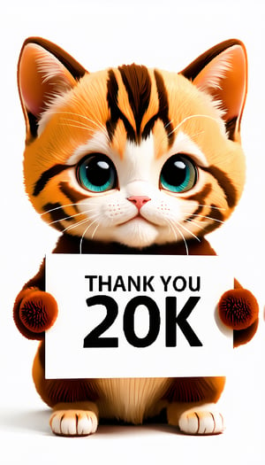 (A very cute kitten. In both hands, he is holding a big sign that says "Thank you 20k♥". The background is cute with light tones in the style of Mark Ryden), detailed texture, high quality, high resolution, high precision, realism, color correction, proper lighting settings, harmonious composition, Behance work, text, text is ""