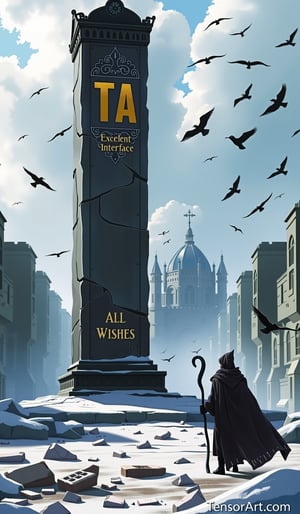 A fantasy art style digital painting depicts a mysterious and epic scene set in a snowy landscape of ancient ruins. The focal point is a large dark grey stone monument with intricate carvings and ornate designs on top, with the words "TA" vertically inscribed in the center in a bold golden serif font, followed below by the words "Excellent Interface" and "All Wishes" in smaller yellow letters. The monument stands tall with a weathered and cracked surface, its rough texture and fragmented base partially covered in snow. To the right of the monument, a cloaked figure wearing a black hooded garment stands with his back to the viewer, holding a curved handled staff. The figure's cloak flows dramatically, creating a sense of movement and adding depth to the scene. The ground is covered in snow and rubble, with scattered debris and jagged stone blocks visible. In the background, tall, ruined stone structures with Gothic and medieval architectural elements tower on either side, and a distant castle with a peaked roof is visible through the mist and haze. The sky is partly overcast, allowing sunlight to filter in and cast dramatic lights and shadows across the scene. A flock of birds fly in the upper right corner, adding to the sense of movement and scale. The overall color palette includes cool shades of sky blue, stone gray, and white, with high contrast and medium saturation, resulting in a balanced and visually striking composition that evokes a sense of mystery and adventure. In the lower right corner, the text "TensorArt.com" appears in white font against a gray background.