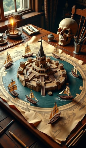 (The concept theme is ancient pirate nautical charts.) Create highly detailed architectural blueprints for a circular, multi-layered fortress. The fortress should have an intricate design, multiple layers of walls, and battlements. Draw the fortress surrounded by water and multiple sailing ships approaching. Place the blueprints on a wooden table. Scatter various drafting tools around the table: pencils, rulers, compasses, etc. Use warm indoor lighting to highlight the texture of the paper and the wood grain of the table. Make sure the lighting creates soft shadows and a cozy atmosphere.,pirateskullXthejaa