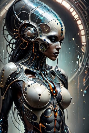 (Fantastically Beautiful Futuristic Cyborg Alien Woman, Splash Art, Fractal Art, Colorful, Award Winning Photography, Detailed Photography, Arnold Rendering, 16K, Cyborg Style, Biopunk Style, Obsidian Enigma Art Style), Detailed Textures, high quality, high resolution, high Accuracy, realism, color correction, Proper lighting settings, harmonious composition, Behance works